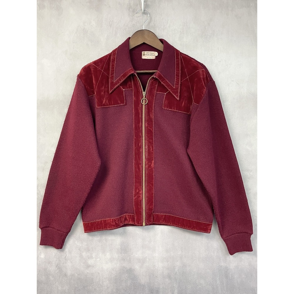 Vtg 70s Mens Orlon Acrylic Zip Up Jacket Size L Velvet Trim Western Rockabilly